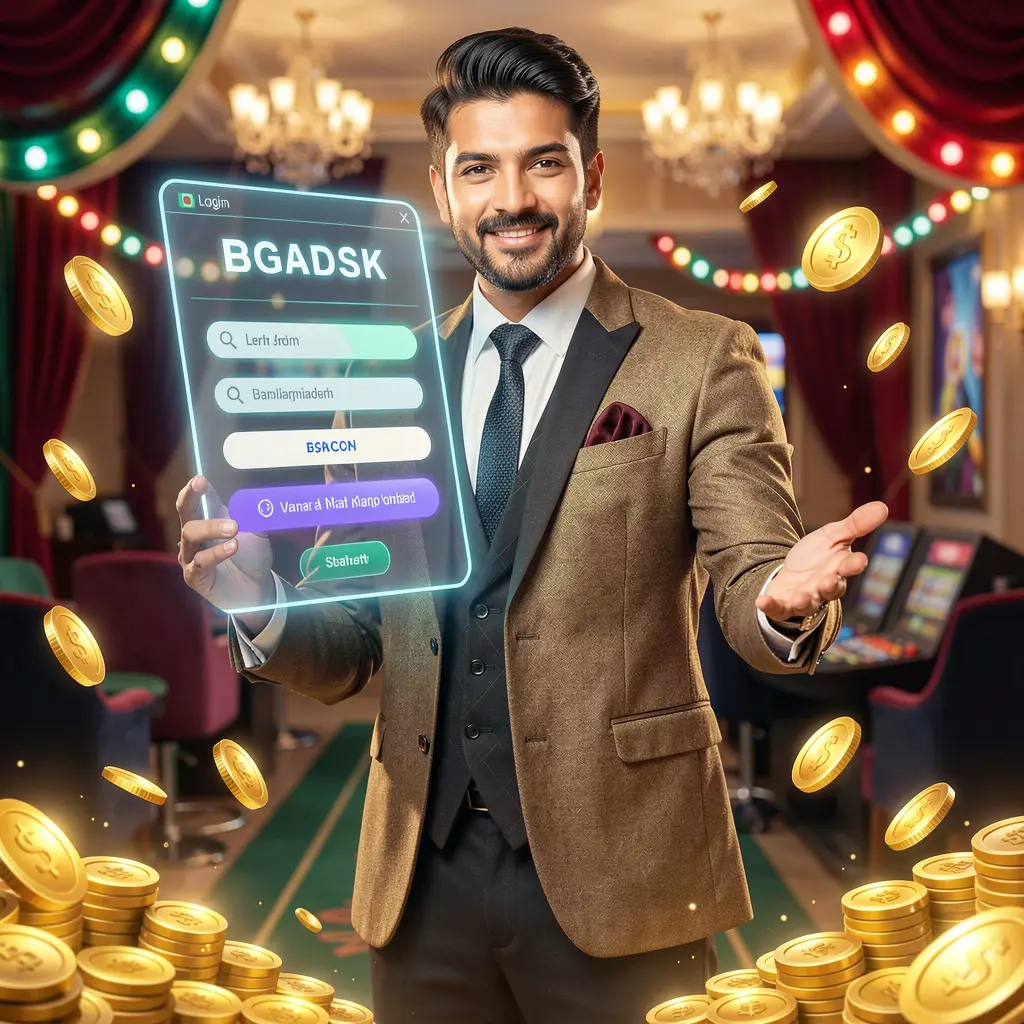 Professional Bangladeshi casino host welcoming players inside the 91OK platform with glowing casino lights and floating coins